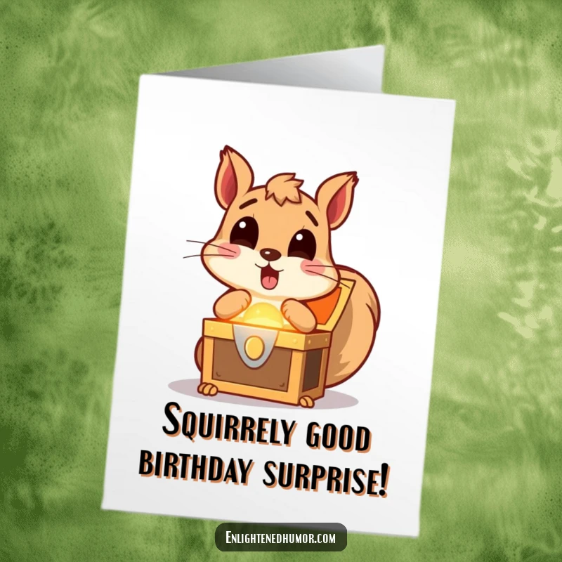 Funny free printable birthday card, a surprised squirrel gasping at a discovered glowing treasure chest, full of excitement.