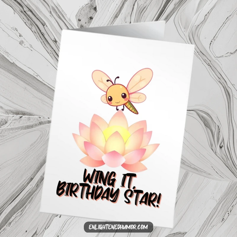 Funny Free Printable Birthday Card: Cute kawaii dragonfly flutters joyfully above a radiant, glowing lotus flower, spreading birthday cheer.