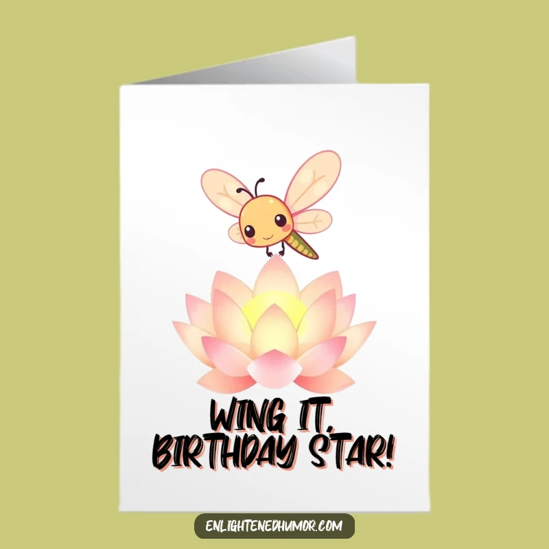 Free Printable Birthday Card: Happy Kawaii Dragonfly & Lotus Bloom Funny Downloadable Gift