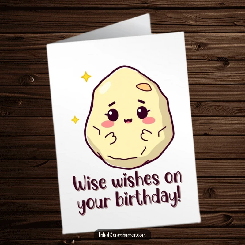 Funny Free Printable Philosopher Stone Birthday Card: Wise stone character winking, holding a birthday candle, perfect downloadable gift.