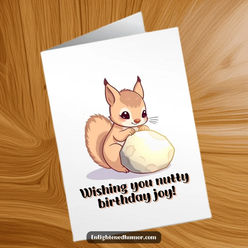 Funny Free Printable Birthday Card: Curious celestial squirrel gazing at a glowing stone, sending stardust wishes for your birthday.