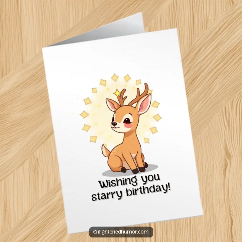 Free Printable Birthday Card: A gentle kawaii deer looks up in awe at a swirling mandala of stars.