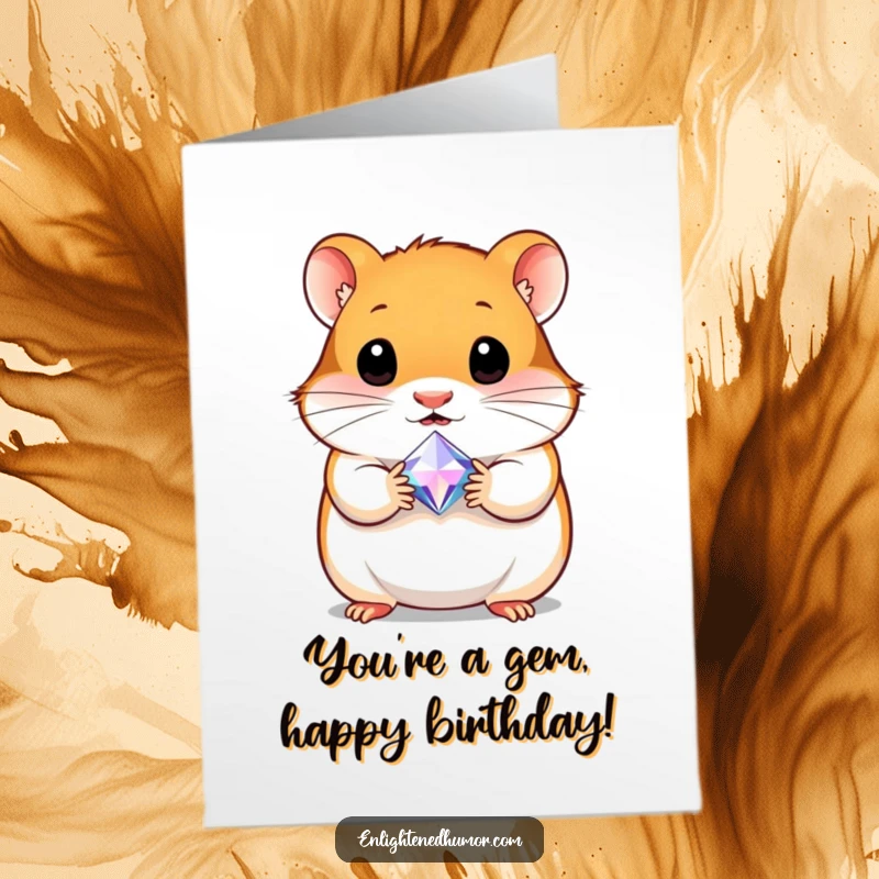 Free Printable curious hamster holding a radiant gem, perfect for a birthday card.