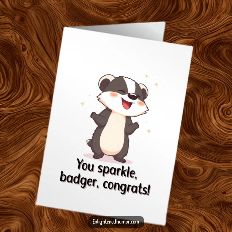 Funny Free Printable Congratulations Card with a giggling badger releasing sparkling dust, a celebratory and humorous design.
