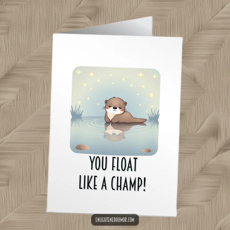 Funny Free Printable Congrats Card: Serene celestial otter floating in a starlit pond, celebrating your calm and collected success.