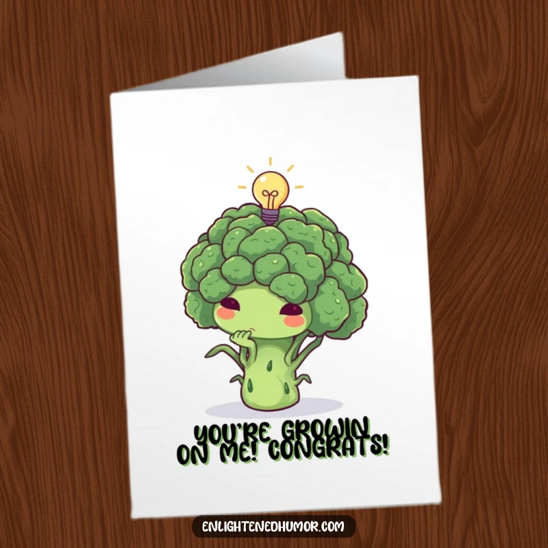 Funny Free Printable congratulations card showing a thoughtful broccoli deep in thought, a tiny lightbulb appearing above, signifying a brilliant idea.