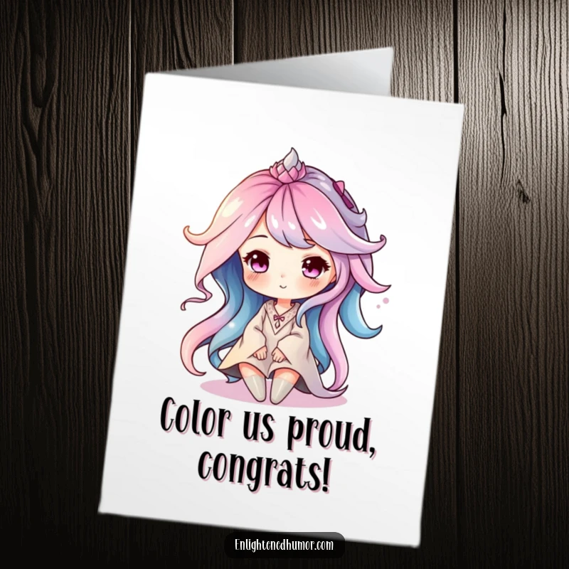 Funny Free Printable Congratulations Card: Serene aura character swirling with soft colors, embodying peaceful energy.