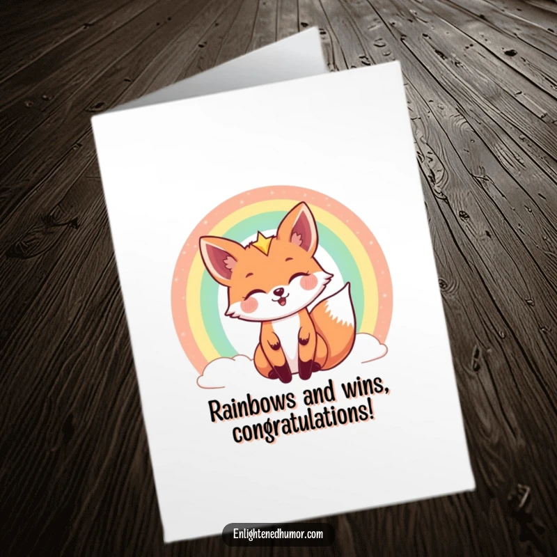 Funny Free Printable congratulations card: A joyful celestial fox peeks playfully from behind a shimmering rainbow, celebrating your amazing achievement.