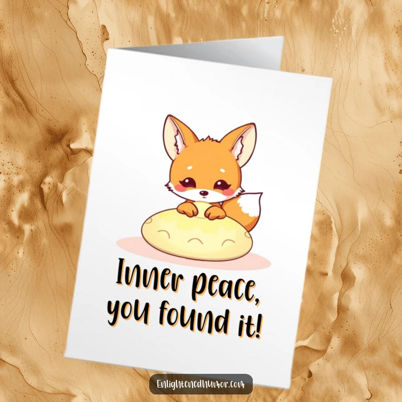Funny Free Printable congratulations card: a curious kawaii fox emerging from a glowing meditation cushion, symbolizing peaceful accomplishment.