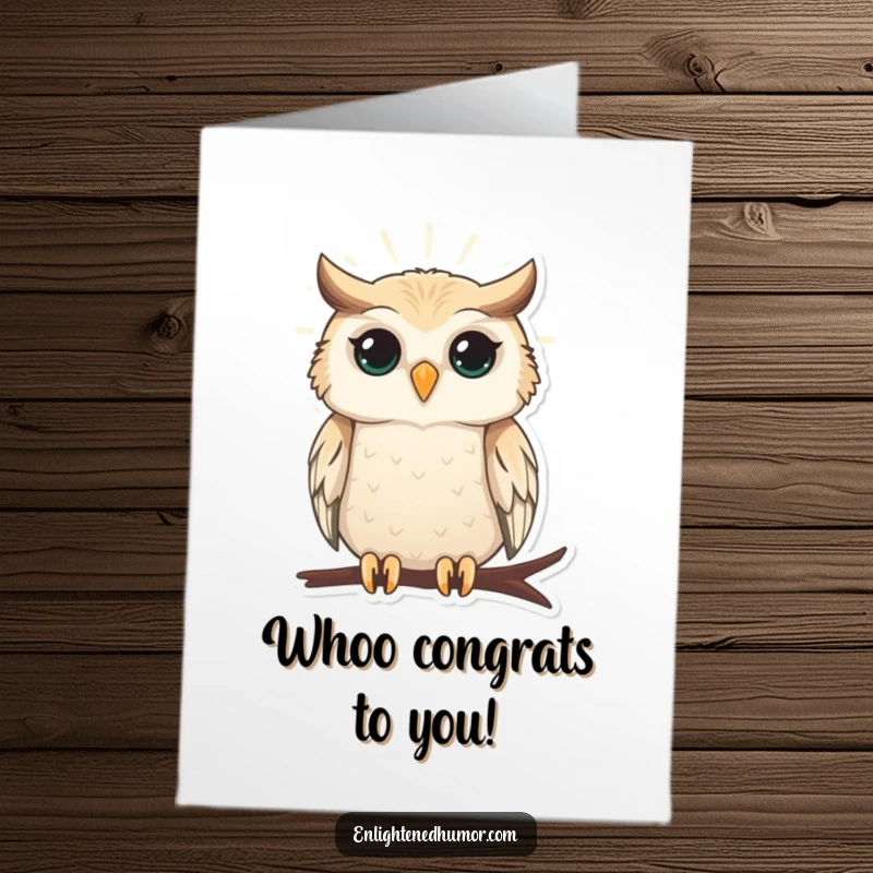 Funny Free Printable Congratulations Card with a wise owl glowing gently, signifying bright success and intelligent congratulations.