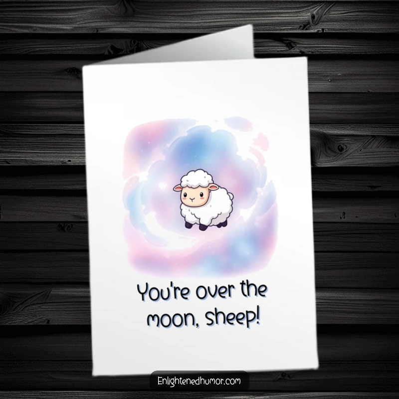 Funny Free Printable Sheep Congratulations Card: A calm sheep drifting through starry nebulae, celebrating a great success.