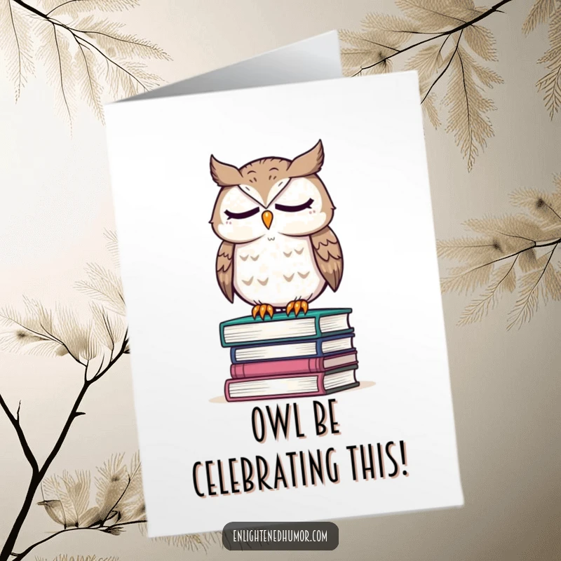 Free Printable wise owl on books, eyes closed, ideal for a congratulatory card.