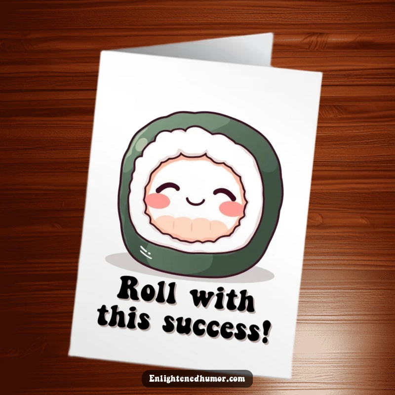Funny Free Printable Congratulations Card: A perky sushi roll with a peaceful smile, celebrating your wonderful success with pure delight.