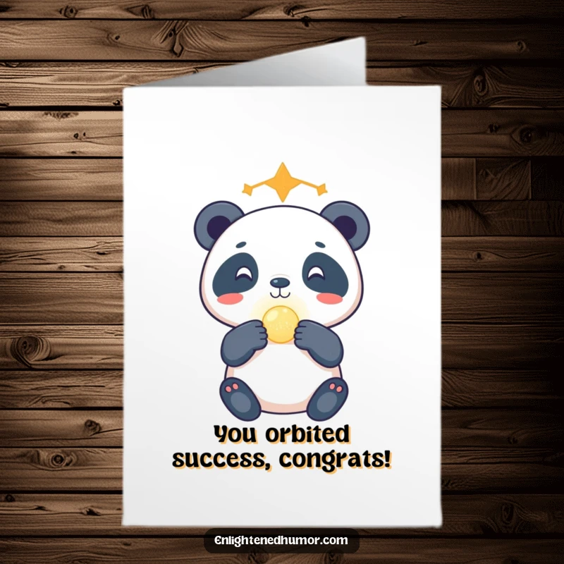 Funny Free Printable congratulations card: A gleeful celestial panda masterfully balances a tiny glowing orb on its nose, celebrating your success.