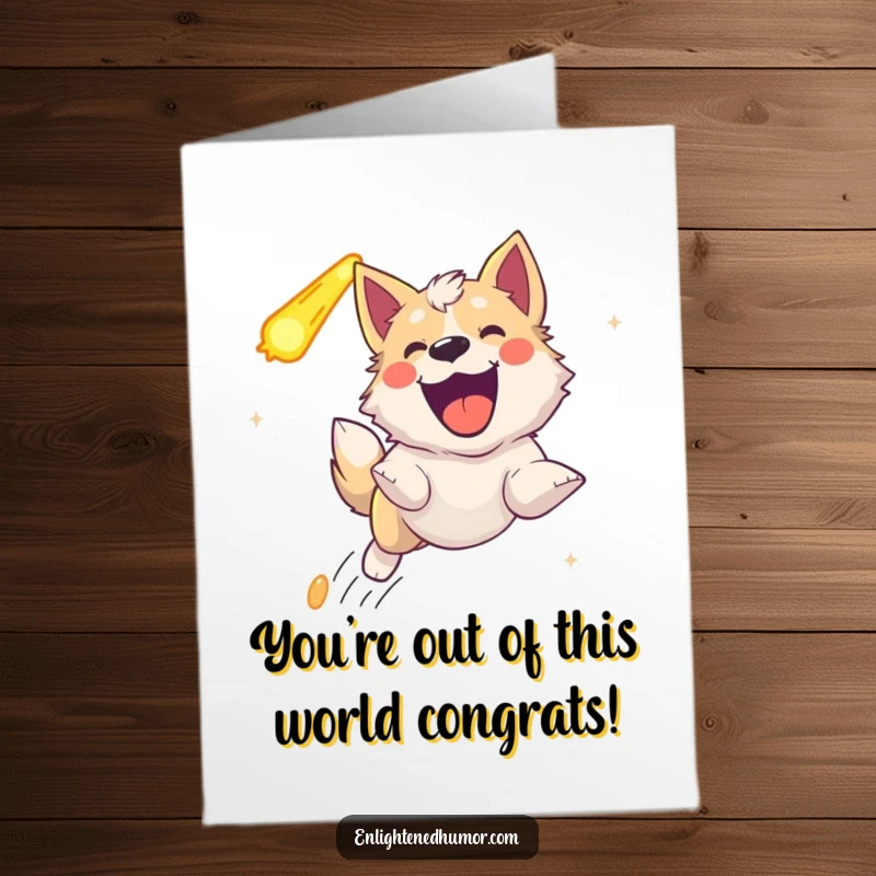 Funny Free Printable congratulations card: a happy celestial dog excitedly chases a comet, symbolizing success and new beginnings.