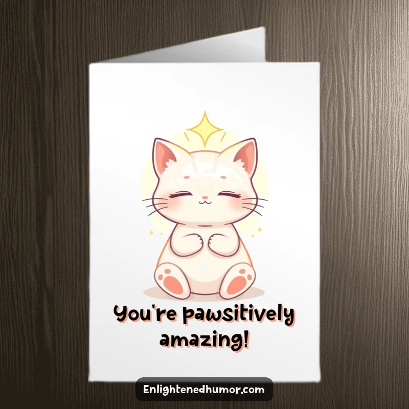 Funny Free Printable congratulations card: An enlightened celestial cat basks in soft, ethereal light, radiating success and inner peace for your achievement.