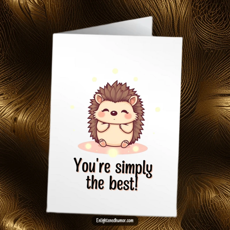 Funny Free Printable Congratulations Card: A content kawaii hedgehog glows with peaceful energy surrounded by shimmering orbs, celebrating success.