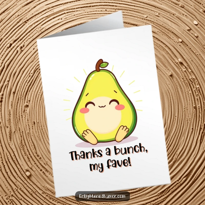 Funny Free Printable Avocado Zen Thank You Card: Smiling avocado in meditation, radiating warmth and thanks, a downloadable gift.