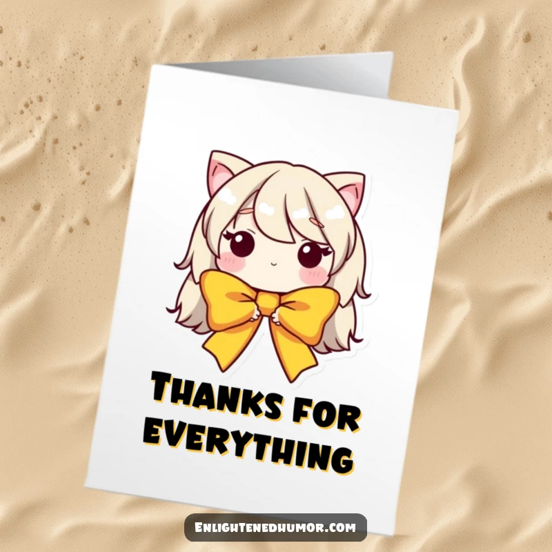 Funny Free Printable Bow Thank You Card: Humble bow character tipping its top, perfect for a downloadable gift.