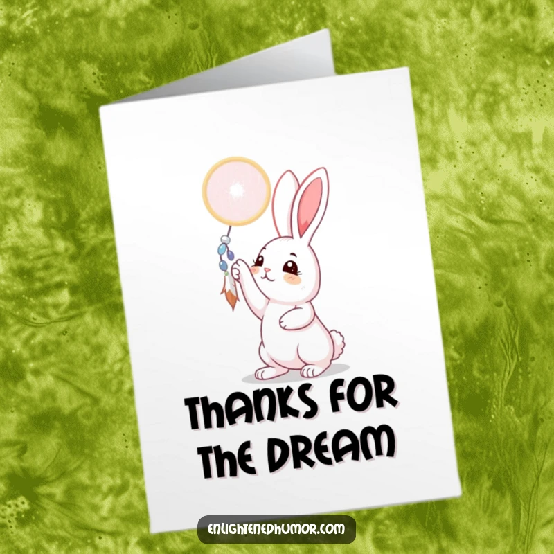 Funny Free Printable thank you card showcasing a curious rabbit reaching for a shimmering dreamcatcher, perfect for expressing gratitude.