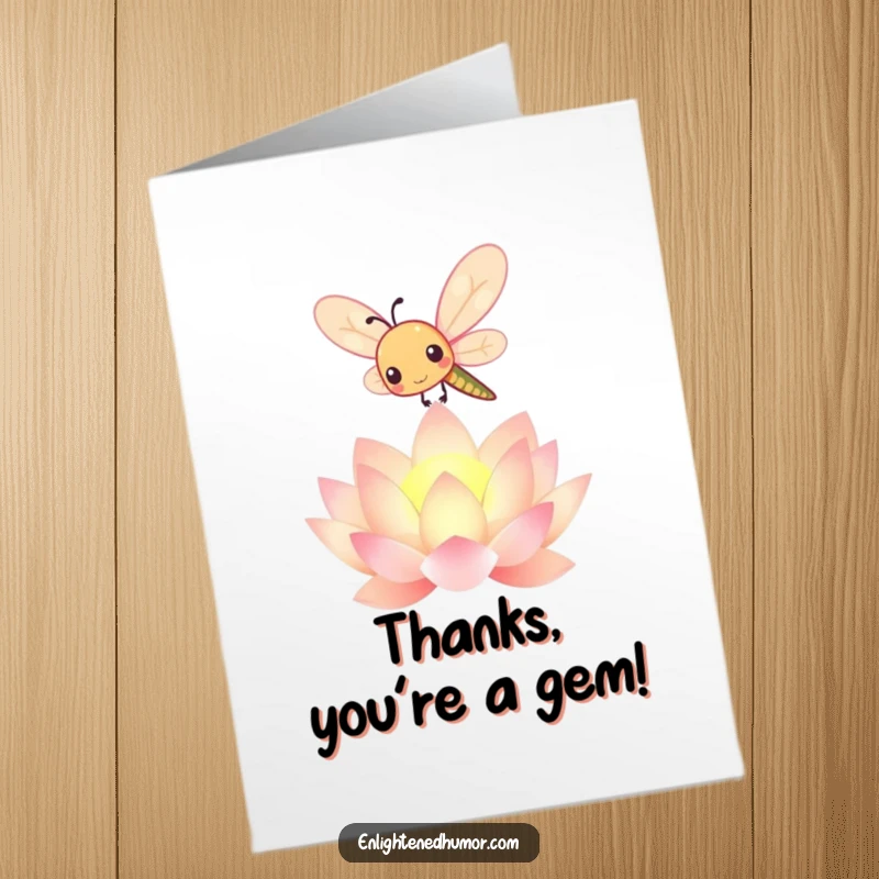 Funny Free Printable Thank You Card: A whimsical kawaii dragonfly rests near a glowing lotus, conveying heartfelt thanks with a cute design.