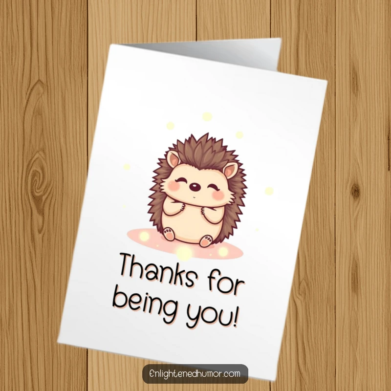 Funny Free Printable Thank You Card: A peaceful kawaii hedgehog sits contentedly amidst glowing energy orbs, perfect for expressing gratitude.