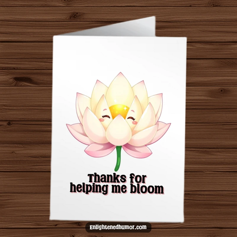 Funny Free Printable Thank You Card: Sparkling lotus flower character floating, petals unfurling gracefully in thanks.