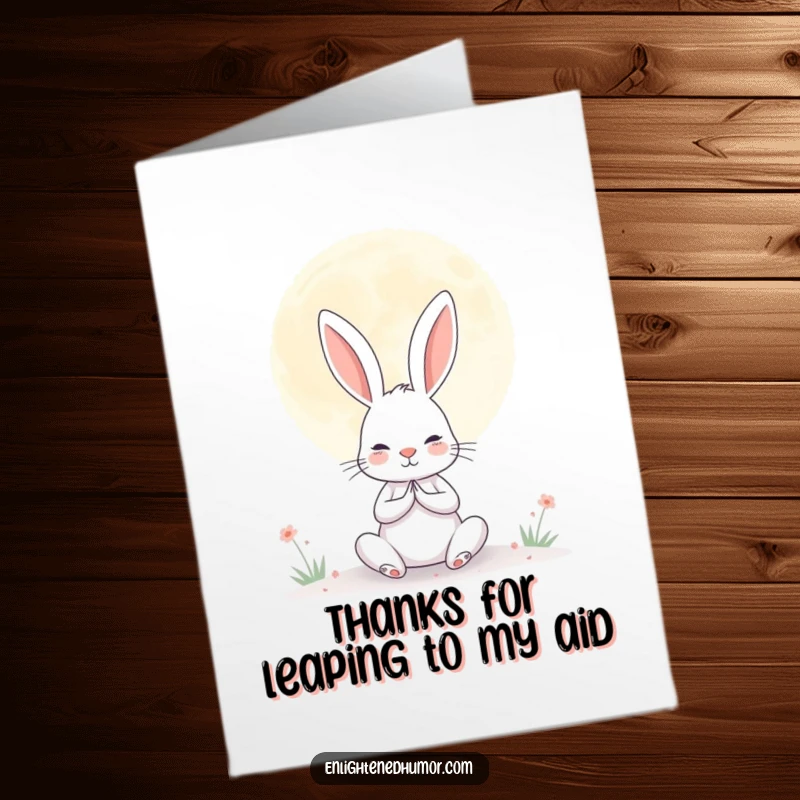 Funny Free Printable Thank You Card: Determined rabbit meditating under a serene moon, humorously expressing gratitude.