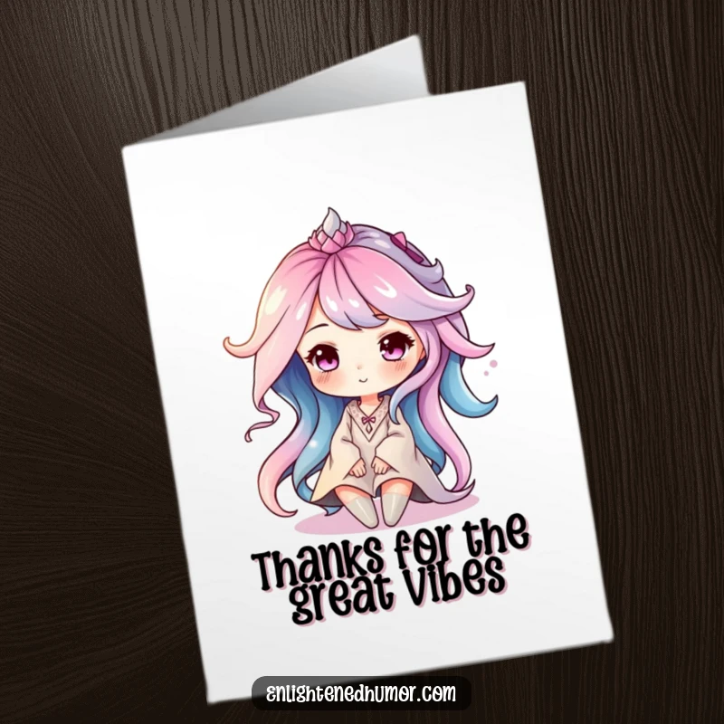 Funny Free Printable Thank You Card: Serene aura character swirling gently with soft colors, expressing peaceful thanks.