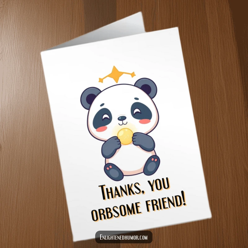 Funny Free Printable thank you card: A gleeful celestial panda balances a tiny glowing orb on its nose, showing appreciation with a smile.
