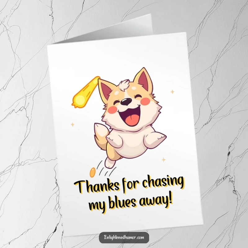Funny Free Printable thank you card featuring a happy celestial dog chasing a comet, expressing gratitude with cosmic energy.