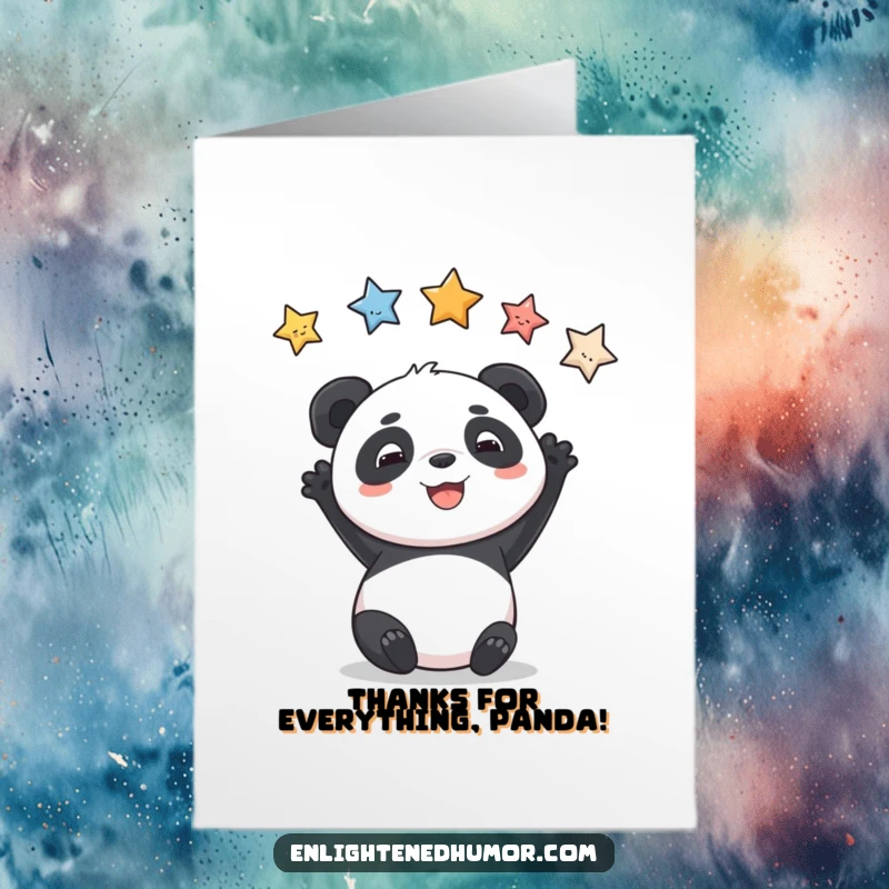 Funny Free Printable Thank You Card of a playful panda grinning while reaching for stars, a delightful downloadable message.