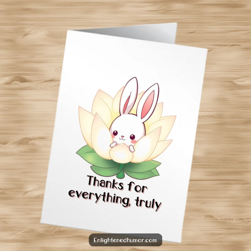 Free printable thank you card featuring a shy bunny peeking from behind a glowing lotus flower, conveying gentle thanks.