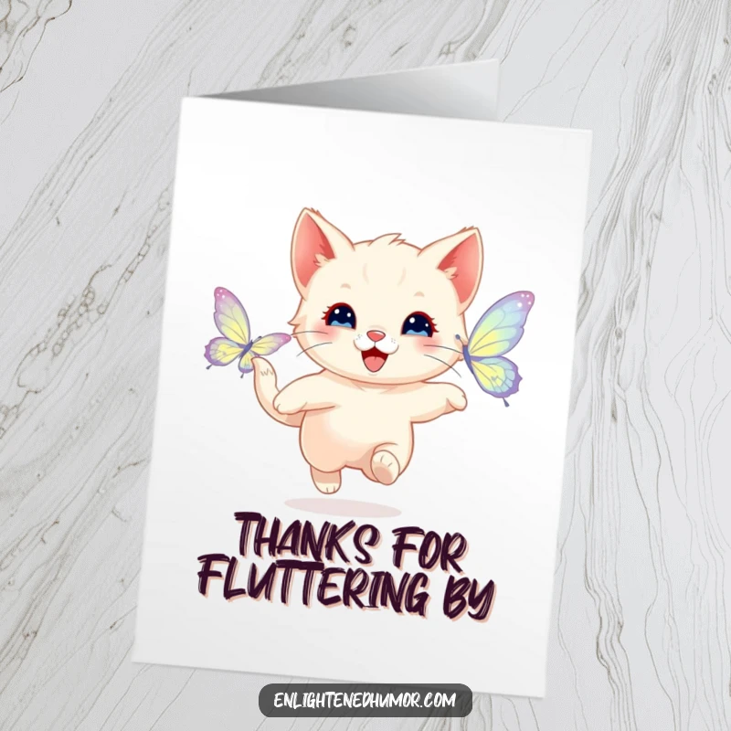 Free printable thank you card featuring a happy kitten chasing a radiant butterfly, a charming way to say thank you.