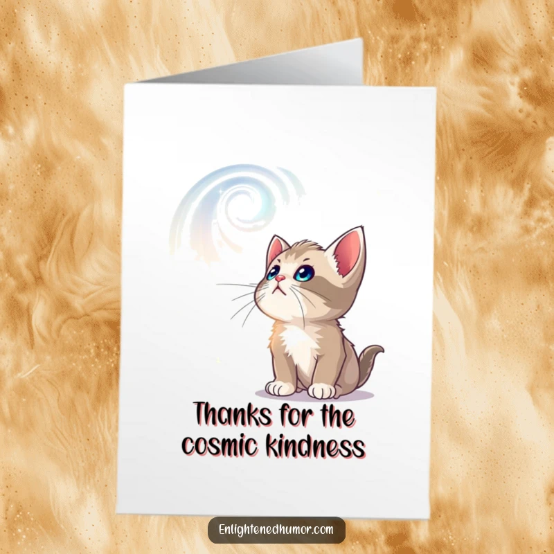 Funny Free Printable Thank You Card: A curious kitten captivated by the beauty of luminous cosmic patterns.