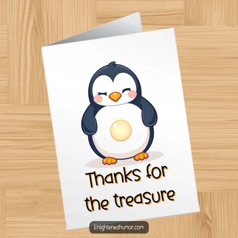 Funny Free Printable Winking Penguin Thank You Card, penguin winking and finding a luminous pearl, expressing thanks humorously.