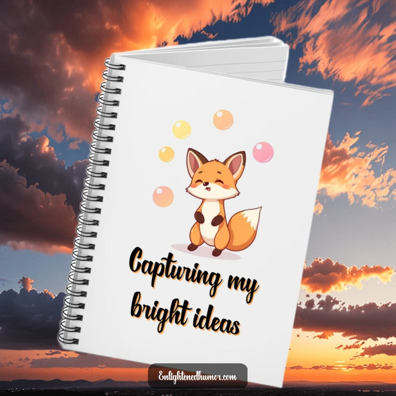 Funny notebook cover featuring a playful fox juggling three tiny, glowing orbs, for humorous note-taking.