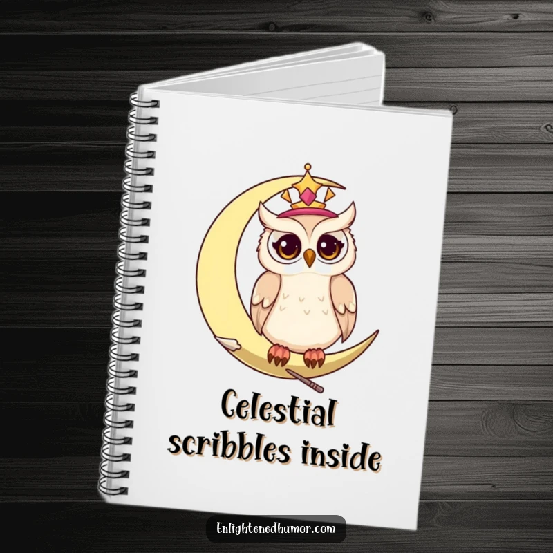 Funny celestial owl notebook, depicting a wise owl on a moon with twinkling eyes, for note-taking.