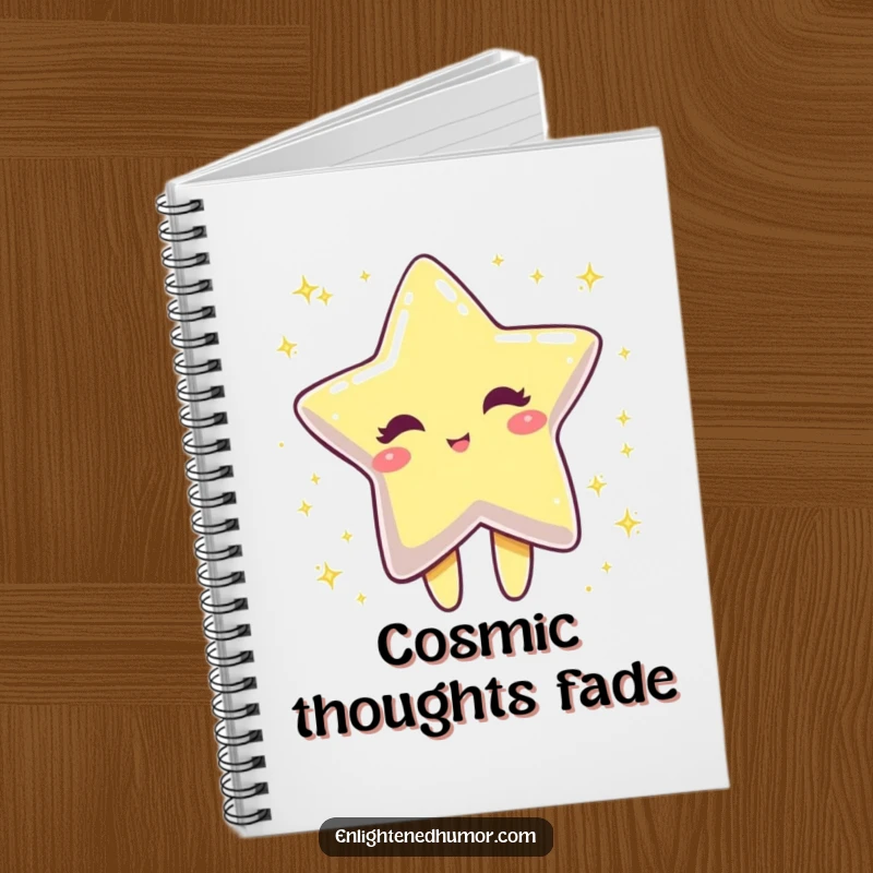 Funny winking star character on a notebook cover, dissolving into sparkling dust, a cute and functional funny stationery item.