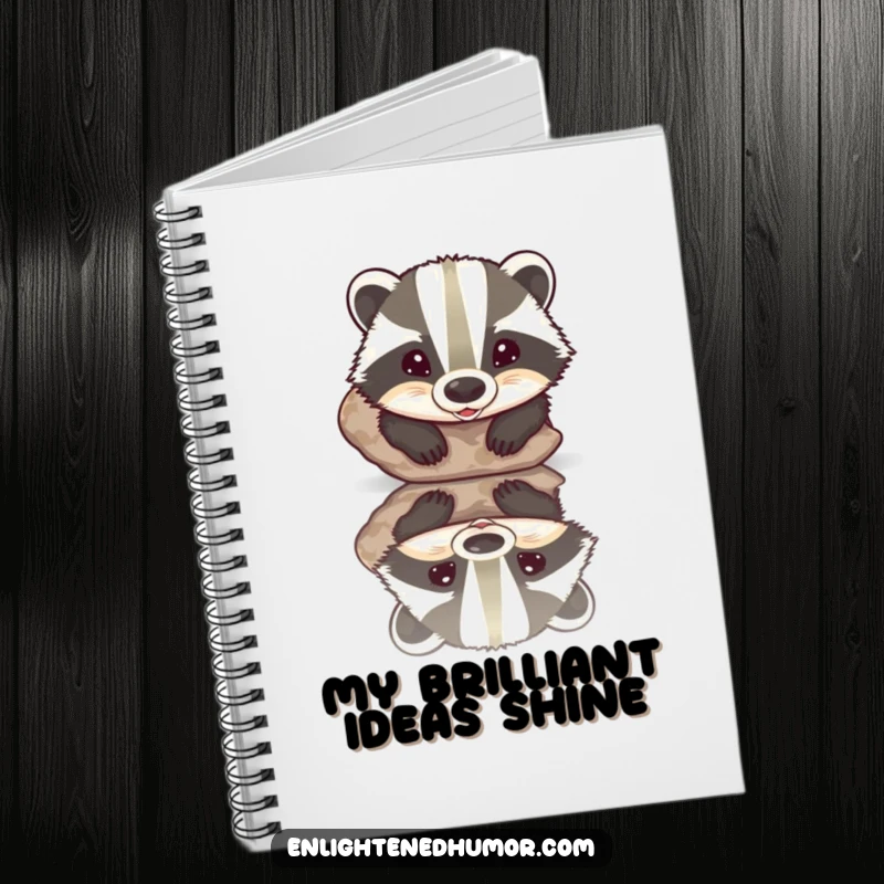 Funny notebook with a beaming badger finding its reflection in a polished stone, perfect for capturing humorous thoughts and notes.