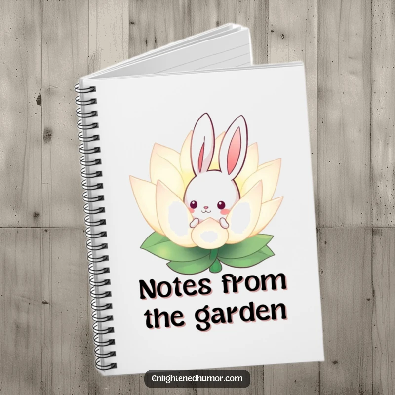 Funny notebook with a curious bunny peeking from behind a glowing lotus flower, ideal for jotting down peaceful thoughts and gentle ideas.