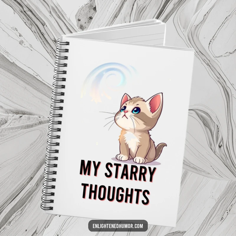 Funny notebook with a curious kitten gazing at swirling, luminous celestial patterns, ideal for creative cosmic journaling.