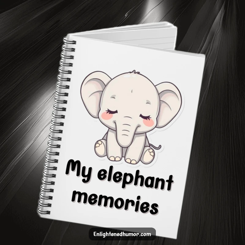 Funny notebook featuring a serene elephant with eyes closed, trunk gently curled, ideal for journaling peaceful thoughts with humor.
