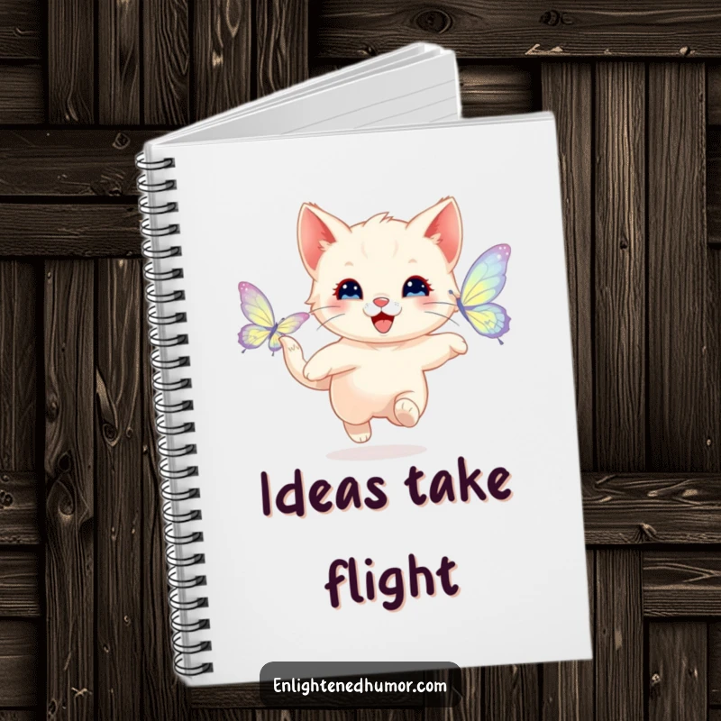 Funny notebook with a happy kitten playfully chasing a shimmering butterfly with radiant wings, ideal for jotting down fun ideas and playful thoughts.