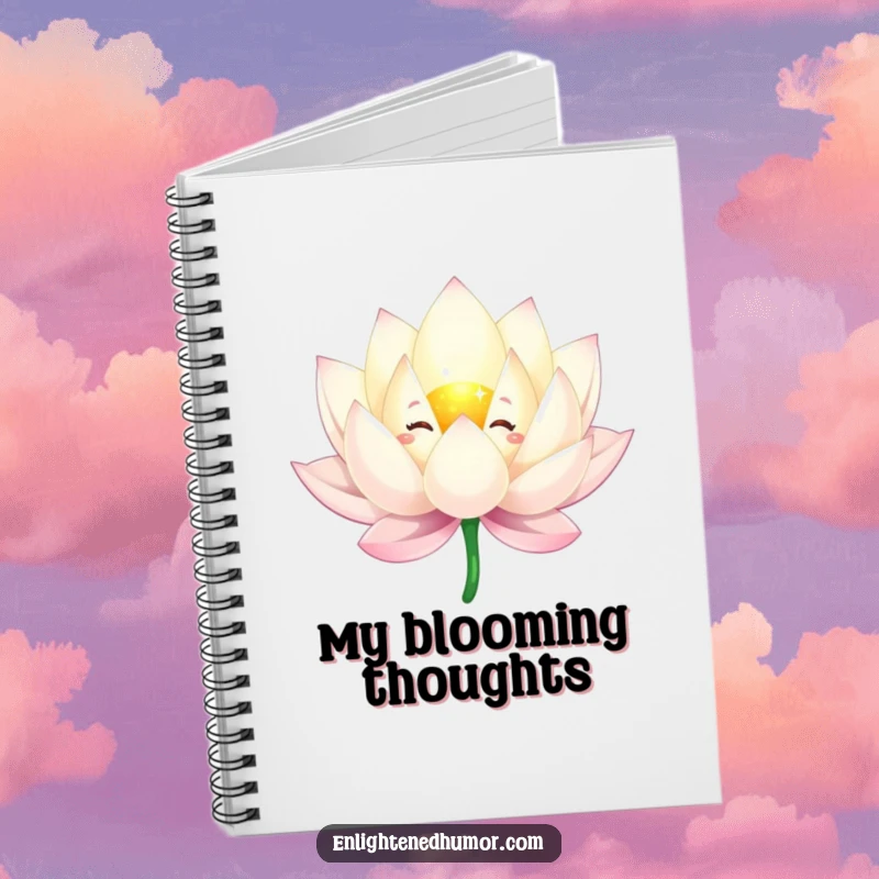 Funny notebook featuring a sparkling lotus flower character floating gracefully, ideal for journaling and capturing serene ideas.