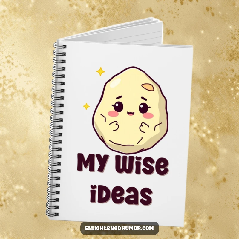 Funny notebook featuring a wise, floating philosopher stone character with a knowing twinkle, perfect for journaling profound thoughts and ideas.