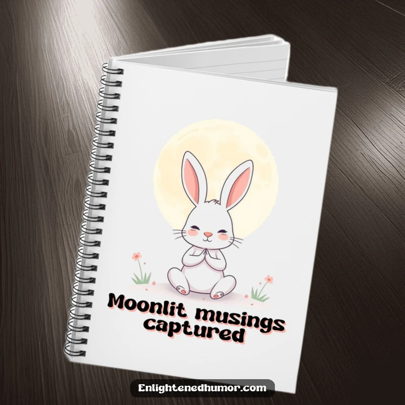 Funny notebook cover featuring a determined rabbit meditating under a giant, serene moon, for humorous note-taking.