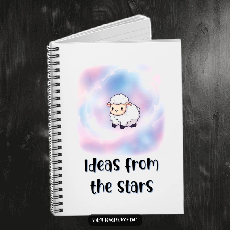 Funny notebook with a serene sheep floating through nebulae, ideal for jotting down cosmic thoughts with a humorous touch.