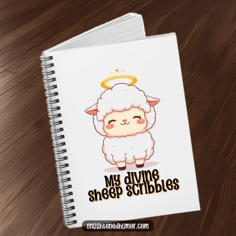 Funny fluffy kawaii sheep notebook with a halo, its head bobbing in contemplative bliss, ideal for journaling and gifting.