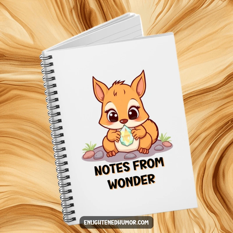 Funny Squirrel Notebook: Features a surprised squirrel with wide eyes, discovering a glowing crystal. Perfect for jotting down ideas.